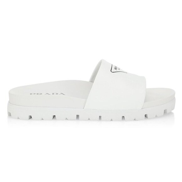 Prada Men silkscreen logo print slides sandals White leather New UK 9 - Picture 1 of 8